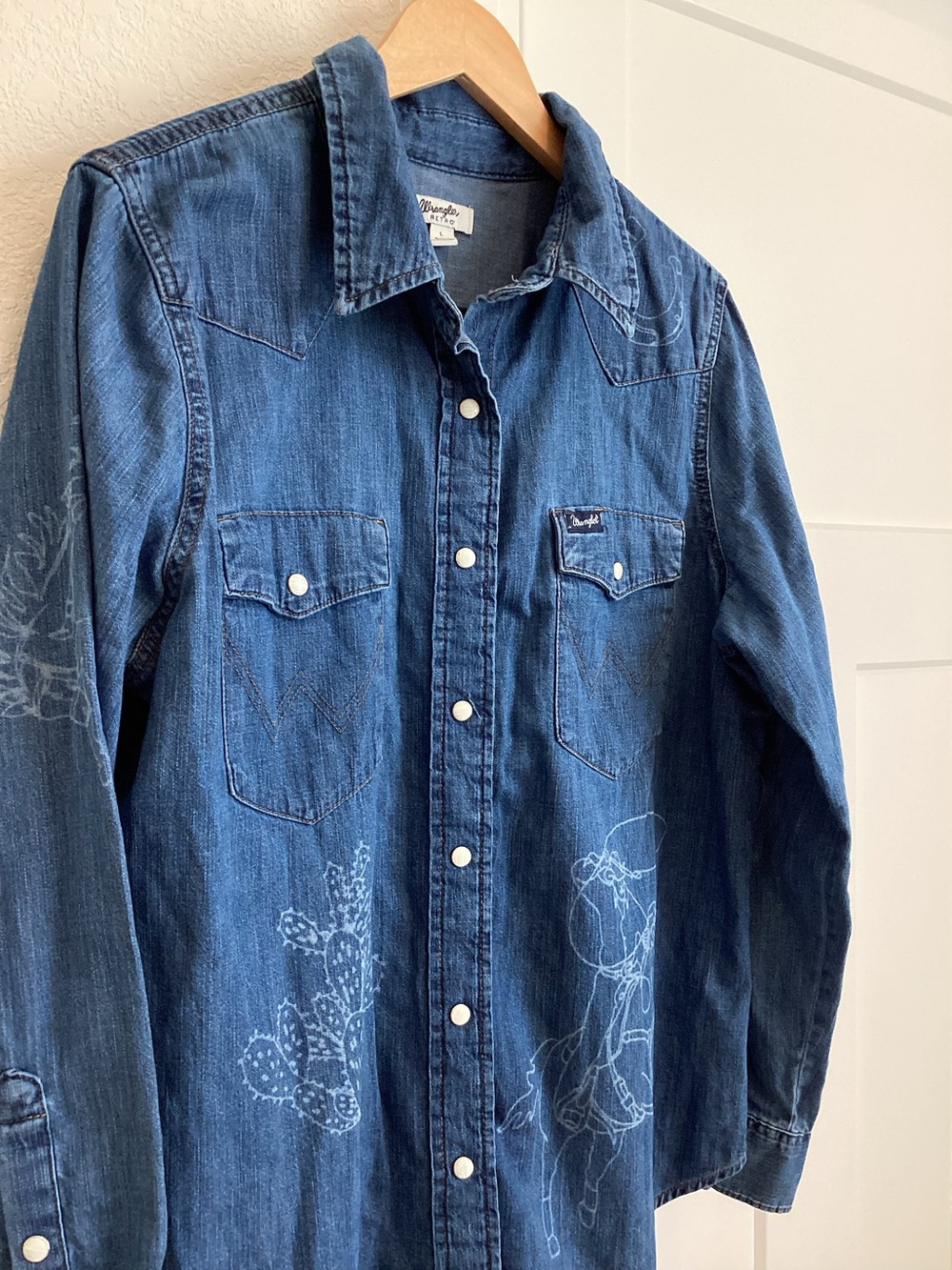 🐎🌵Wrangler Retro Men’s Western Snap Button-Down Denim Shirt Cowboy Cactus